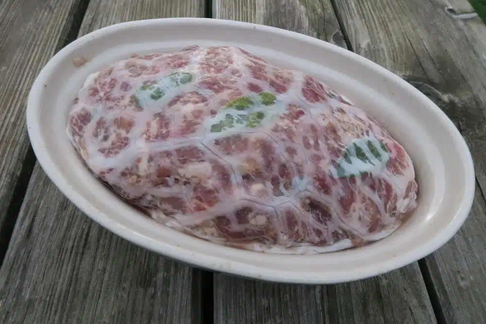 Terrine prête à cuire, enveloppée dans la crépine
